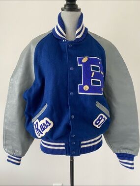 Vintage 80’ DeLONG Mens Varsity Letterman Jacket Wool Leather 46 L/XL Blue Grey